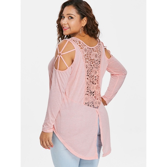 Plus Size Light Pink Cutwork Lace Insert T-shirt - Picture 2 of 8